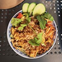 Caramelised tofu with rice noodles  at La Vegana in Warsaw