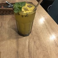 Mango and passion fruit drink  at La Vegana in Warsaw