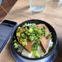 Smothered seitan with algae covering on reheated rice. Not good - too fishy.   at La Vegana in Warsaw