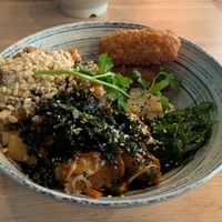 Delicious seitan lemongrass and ginger dish with rice at La Vegana in Warsaw