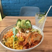 Something from the Big bowl menu with shrimp and mushroom  at La Vegana in Warsaw