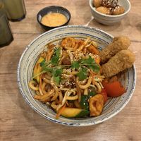 Udon with tofu and seitan, very tasty but a huge portionn  at La Vegana in Warsaw