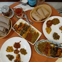 Ethiopian tea and injera plate at Harar Restaurant in South West London