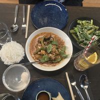Eggplant curry, steamed broccoli and rice  at Betel Boy in Daylesford