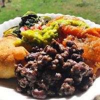 Potato bhajias, samosas, black beans, guacamole, greens and salsa. at Vegan Basket in Kilifi