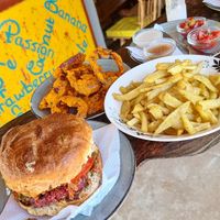 Onion rings, chips, soy veggie Burger at Vegan Basket in Kilifi