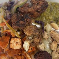 Tofu, veggie loaf, split peas, fried cauliflower, stir fry veggies, mash potatoes  at I Luv Ital in St Thomas