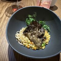 Charred banana - pearled barley- Maitake mushroom- mizuna  at MITA in Washington