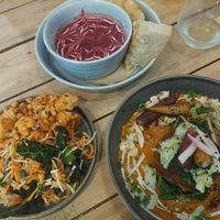 Spicy lentil and beetroot soup, curry and seasonal salad at The Blonde Beet in Stamford