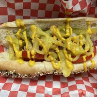 Chicago dog with a Beyond sausage  at Seaside Slushies & Dogs in Seaside