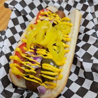 Chicago Dog w/ vegan hotdog (field roast). at Seaside Slushies & Dogs in Seaside