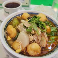 Spicy "fish" lunch special. They will adjust spice level. As it's, it's spicy. at Ben Zhen Vegetarian Cafe 新本真茶餐室 in Hong Kong Island