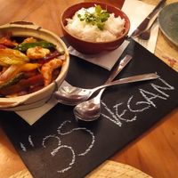 Vegan sweet and sour shrimp with jasmine rice. at AWA Beach Club in Chipiona