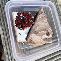 Strawberry cheesecake on the right, chocolate cake on the leftt  at BABA Handmade Cafe in Leipzig