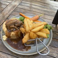 No chicken pie with chips and veggies  at Cromwell's in Wetherby