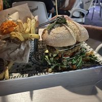 Vegan gluten free burger and fries   at Organic in Mallorca