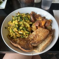 Tofu scramble w onions, mushroom, spinach with home fries   at Cornucopia's Noshery in Amityville