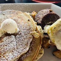 All Vegan Ziggy - 2 pancakes, just egg (added cheese), soy sausage and home fries.   at Cornucopia's Noshery in Amityville