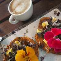 sobrasada toast and cappuccino  at Esquina in Lanzarote