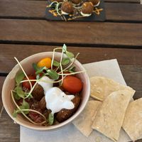 Sunday’s food for lunch: at the top croquettes, and at the bottom of the photo my falafel bowl    at Esquina in Lanzarote