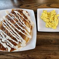 Pecan pie pancakes and a side of scrambled just egg  at Mo' Brunch + Brews in Houston