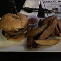 Black & Bluesy burger with regular fries  at Mo' Brunch + Brews in Houston