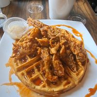 Spicy agave chicken fried oysters and waffles at Mo' Brunch + Brews in Houston