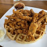 Hot honey shroom waffle  at Mo' Brunch + Brews in Houston