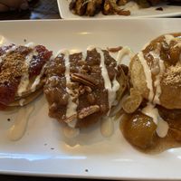 Pancake flight —- mmmm sauces    at Mo' Brunch + Brews in Houston