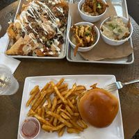Loaded Nachos, Shrooms and Grits Flight, and Smokehouse burger!  at Mo' Brunch + Brews in Houston