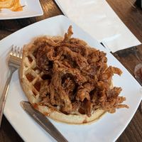 Hot honey (agave) shrooms & waffle. Amazingly crispy mushrooms and fluffy waffle - will be returning just for this!  at Mo' Brunch + Brews in Houston