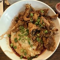 Hot honey “shrimp” and grits  at Mo' Brunch + Brews in Houston