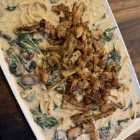 Alfredo pasta with chick’n  at Mo' Brunch + Brews in Houston