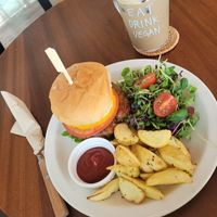 Burger with potato wedges  at Eat Drink Vegan in Busan