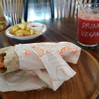 Vegan chicken wrap, 'french fries' and abc-smoothie at Eat Drink Vegan in Busan