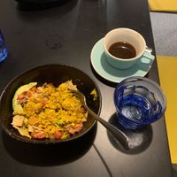 Vegan migas  over roots! at Try Hard Coffee Roasters in Austin