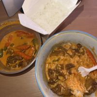 panang curry with mock duck and white rice  at The Asian Bistro in San Diego