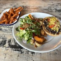 Vegan onion tart with a side of sweet potato fries   at De Koffie Pot in Hereford