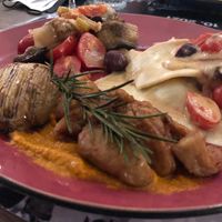 Vegan 3 course menu. Aubergine salad, ravioli with Aubergine (eggplant) filling with tahini dressing and seitan tikka masallah. So good! at Brac Libreria di Arte Contemporanea in Florence