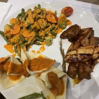 Tortellini, green beans salad and seitan potato dish  at Brac Libreria di Arte Contemporanea in Florence