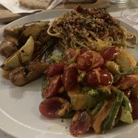 1. Cherry tomatoes, green bean, potatoes pesto salad - 2. spaghetti with sun dried tomatoes and parsley (spicy) - 3. seitan masala  at Brac Libreria di Arte Contemporanea in Florence