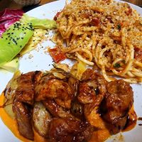 Seitan, first vegan pasta and the avo salad. at Brac Libreria di Arte Contemporanea in Florence