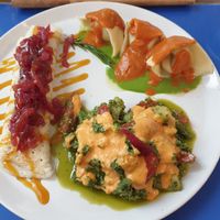 Rice flour crepe with potatoes and onions; tortellini with potatoes and spicy tomato sauce, potato pesto salad €18 at Brac Libreria di Arte Contemporanea in Florence