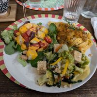 Village salad, Tagliatelle and Tempeh at Brac Libreria di Arte Contemporanea in Florence