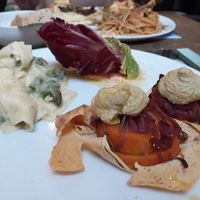 Piatto unico with: 
- carpaccio di avocado 
- maltagliati crema cavolfiore e menta (maltagliati pasta with a cauliflower and mint cream)
- millefoglie di patate dolci" at Brac Libreria di Arte Contemporanea in Florence