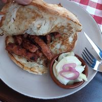 Vegan čevapi. The only thing I missed was some ajvar and thats how you can tell they are what they are supposed to be. I ate all the onion that goes with it too. at Rustika in Osijek