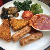 Vegan full English; vegan sausages, hash browns, grilled tomato, mushrooms, beans, sliced avocado & spinach at The Egg & Spoon in Filey