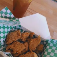 crispy chikun bites w/ house sauce & sweet tea (my go-to order) at Chikun Shak in Mount Brydges