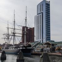 The restaurant is located in the bottom of that tall glass building on the right at Liora in Baltimore