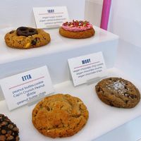 Display shelf with vegan options clearly listed. at HiFi Cookies in Nashville